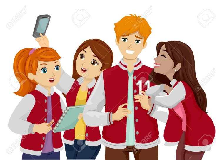 Illustration Featuring A Group Of Young Teenage Girls Clinging To A Popular  Teenage Guy In A Jersey Stock Photo, Picture And Royalty Free Image. Image  83239633.